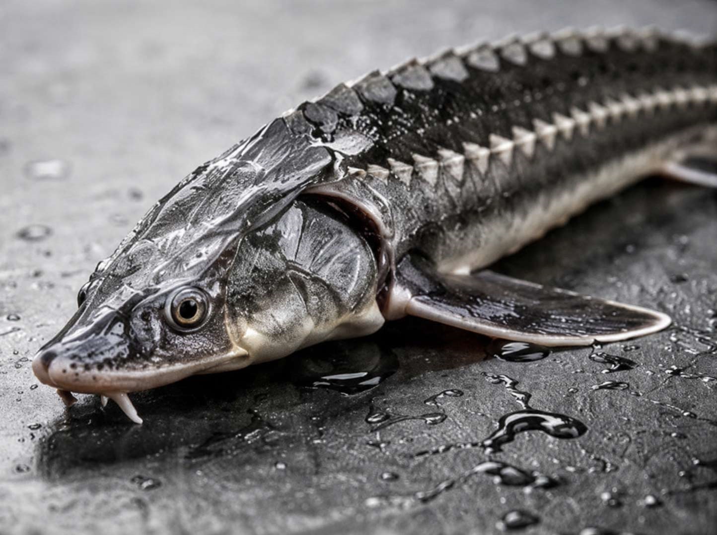 Fresh sturgeon presented on a dark surface